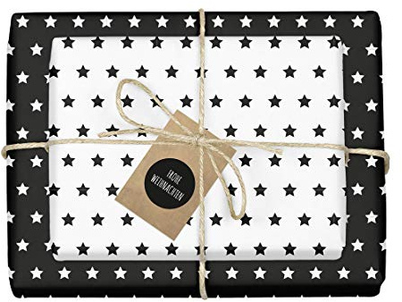4x zweifarbiges Geschenkpapier Weihnachten: Sterne schwarz-weiß + 4x Anhänger (doppelseitige Bögen DIN A2, Öko-Recycling-Papier)