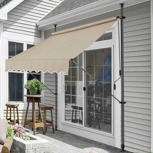pro.tec Tenda da Sole a Muro con Pali di Supporto Telescopici Installazione Senza Fori Tettuccio Parasole a Manovella e Bracci - 250 x 120 cm (LxP) color Sabbia