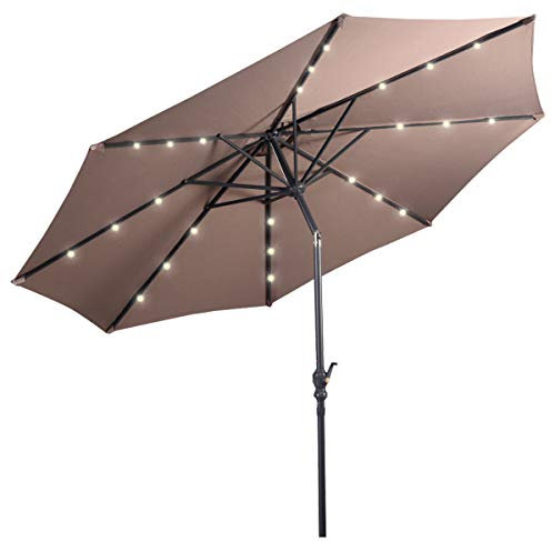COSTWAY Ombrellone da Giardino da 300 cm, Parasole per Esterno con 24 Luci LED, con 8 Stecche in Metallo, Manovella e Inclinazione Regolabile, per Giardino, Coltile, Piscina (Marrone)
