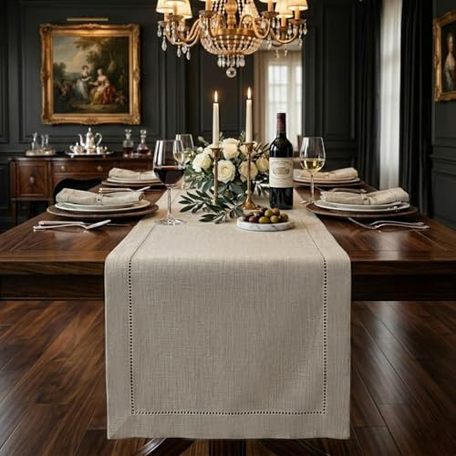 Signature Linen™ by D'Moksha Natural Table Runner, 100% Pure Linen, Hemstitch, 35 x 300 cm Table Runner for Dresser, Dining- Fall, Weddings, Outdoor hostings
