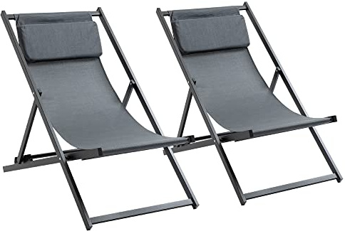 Outsunny Conjunto de 2 Espreguiçadeiras Dobráveis de Alumínio para Jardim com Encosto Ajustável em 5 Posições e Apoio de Cabeça para Terraço e Exterior 60x100x85 cm Cinzento