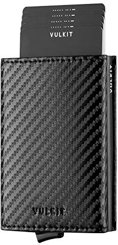 VULKIT Kreditkartenetui Echtleder RFID Blockieren Bifold Geldbörse Herren Portemonnaie mit Münzfach & Banknotenfach (X3 Kohlefaser)