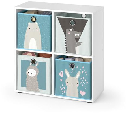 Vicco Kinderregal Weiß Tetra mit 4 Faltboxen (grau/blau) - 73x72x29 cm gefertigt aus Spanplatte - Bücherregal perfekt fürs Kinderzimmer, praktische Aufbewahrung für Bücher und Spielzeug