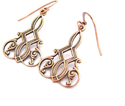 Art Nouveau Design Earrings Antiqued Copper-tone Wedding Gift Prom Dangle Drop Art Deco Design