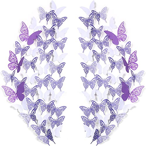 Outus 144 Pieces 3D Butterfly Wall Stickers Decor 3 Styles Butterfly Decals DIY Decorative Wall Art Cutouts Crafts Removable for Room Wedding Flower Party Decorations,(White, Purple)