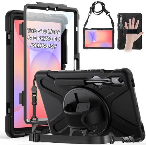 Gerutek Hülle für Samsung Galaxy Tab S10 Lite mit Displayschutz,Schwarz | Für Tab S10 FE/S9 FE/S9/S8/S7 10,9 Stoßfeste Robust Schutzhülle , 360° Drehbar Stände, Stifthalter,Handschlaufe Schultergurt