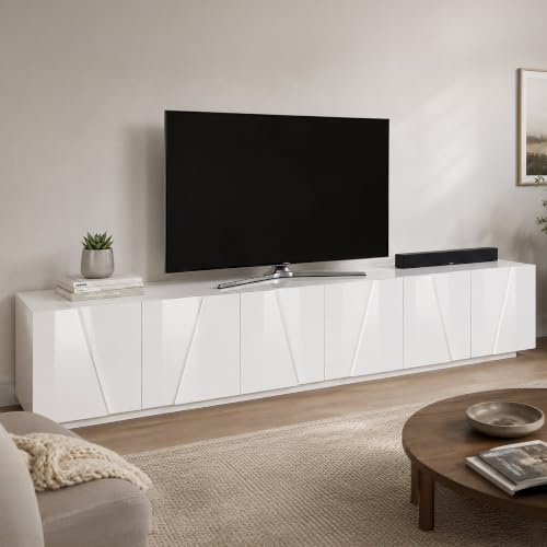Dmora - Meuble TV Lucas, Buffet bas de salon, Base pour meuble TV, 100% Made in Italy, 244x44h46 cm, Blanc brillant