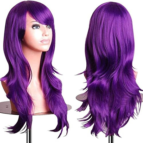 Colorfulpanda Parrucca da 70 cm/28,per donne e ragazze Halloween Cosplay, lunga, folta, con riccioli ampi, fibra resistente alle alte temperature, Accessorio di pregio dotato di retina,viola scuro