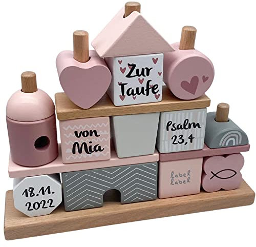 Kidslino - Regali personalizzati per battesimo, graziosi regali per battesimo per ragazzi e ragazze, casa fatta a mano come regalo di battesimo 22 x 19 cm, graziosa decorazione in legno rosa