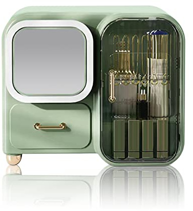 Galatée Große Kapazität Stilvoll Tragbare Make Up Organizer Hohe Flasche Kosmetikbox Kosmetische Aufbewahrungs Box Mit Staubdichtem Deckel, Beauty Organizer mit Spiegel - Grün