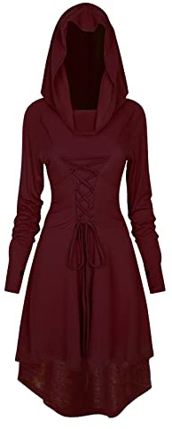 FSUJWOA Costume rinascimentale Abito da donna Abito gotico Abito da donna medievale rinascimentale con cappuccio Costume da festa di Halloween(rosso,L)