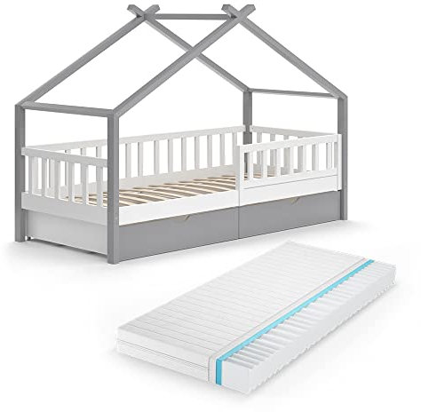VitaliSpa Hausbett Design, Weiß/Grau/Grau, 90x200 cm mit Schubladen und Matratze