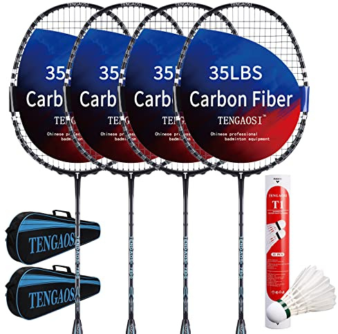 TENGAOSI Professional Badminton Rackets Set of 4 Sports Outdoor Backyard or Indoor Badminton Game Set with Shuttlecocks- Includes 4 Black Rackets, 12 Duck Feather Badminton Shuttlecocks