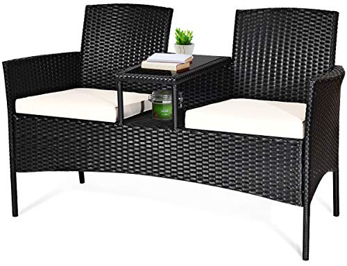 GIANTEX Banco de Jardín de Ratán Sintético de 2 Plazas con Mesa y Almohada, Juego de Muebles de Ratán para Balcón, Jardín, Terraza, 138 x 61 x 85 cm(Beige)