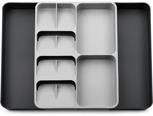 Pystuvo Adjustable Kitchen Utensil Tray, Flatware Organiser for Spoons, Forks, Knives - Extendable Cutlery Tray, Keep the Cutlery Tidy with Kitchen Accessories, Large Black