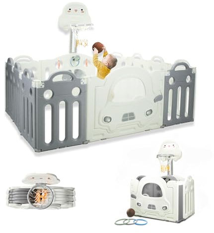 Parque Infantil MONTESSORI Ampliable 160x120 cm - Centro de Juegos con Canasta, Aros y Pelota, Antideslizante, Interior y Exterior, Desde 6 Meses hasta 6 Años - Blanco Asalvo