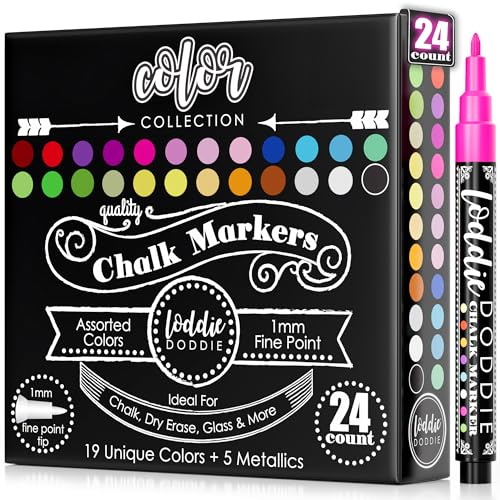 Loddie Doddie Liquid Chalk Markers - 24 Pack, 1mm Tip, Multicolor - Chalk Paint Finish - Vibrant Chalkboard Markers - Easy-Clean Wet Erase