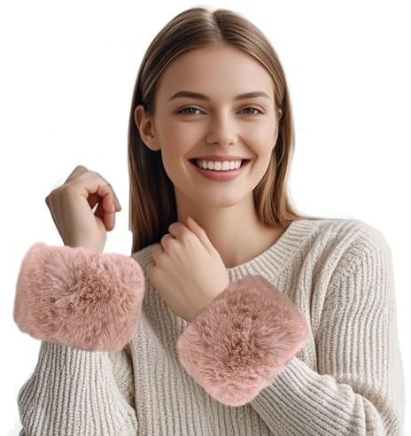 SwirlColor Faux Fur Wrist Cuffs, Soft Hhandmuffs Faux Fur Winter Wrist Band Fur Hand Muffs for Women - Pink