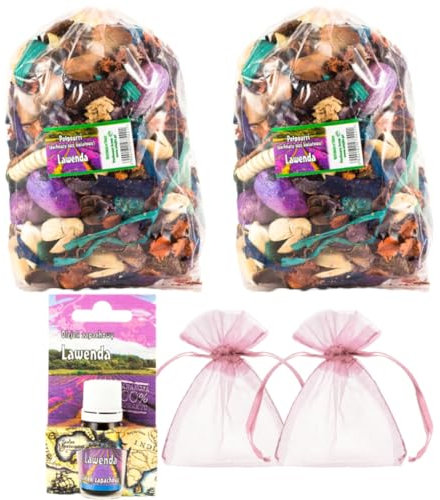 Ensemble de Potpourri parfumé à la Lavande - 2 Grands Sacs, 1 Huile parfumée Lavande, 2 sachets en Organza | Décoration Florale pour la Maison | Fleurs séchées pour Vase | Subtil Parfum de Lavande