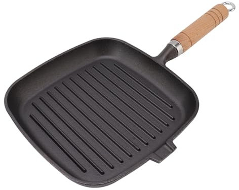 Sartén para Parrilla Sartén Cuadrada de Hierro Fundido de 8,2 Pulgadas con Mango de Madera Y Boquillas Vertedoras, Sartén de Metal Plancha Antiadherente Sin Recubrimiento para Estufa de Inducción de G