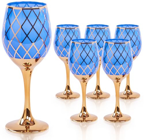 CretFine Colored Wine Glasses, Long Stem Blue Wine Glasses with Gold Rimmed, Fancy Glass Set of 6, Birthday Blue Purple Goblets, Wedding, Housewarming Gifts (12oz), (CF-Set006-P6)