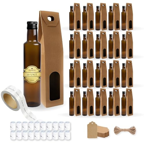 Espirito Rebelde - 20 botellas de vidrio oscuro 250 ml con tapón de rosca negro + 20 cajas + 20 sellos + 20 etiquetas personalizadas + 20 etiquetas Kraft + cuerda - aceite de oliva, vinagre - aceitera
