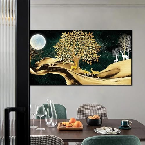 ZHUOYA Abstrakter goldener Geldbaum, luxuriöse Wandkunst, Leinwandgemälde, Elch-Vollmond-Poster und Drucke, dekorative Bilder für Zuhause, 60 x 90 cm, rahmenlos