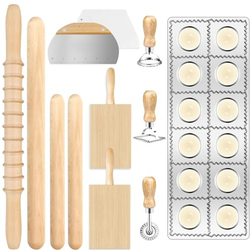 MACIFECI Pasta Making Tools Set, 12 Pcs Pasta Making Accessories, Wooden Pasta Roller, Manual Operation, Brown, Wood, Stainless Steel, Alloy