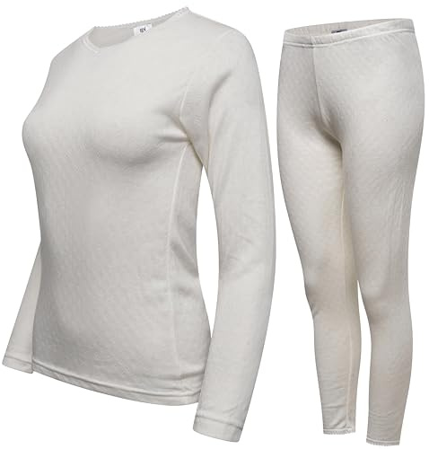 DOLCE ENVY Pack of 1 Womens Thermal Underwear Set Ultra Soft Crew Neck Long Sleeved Base Layer Tops & Bottoms (OFF WHITE, XXL)