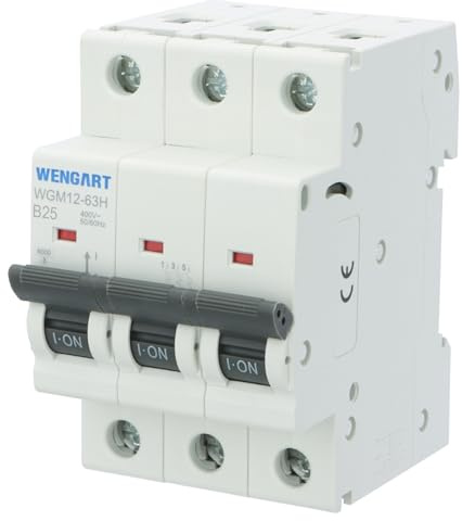 Wengart Hochleistungs-Leitungsschutzschalter 3-polig (MCB), 25A B-Charakteristik, 6kA Schaltvermögen, Sicherungsautomat für Wärmepumpen, Sauna & Gewerbe, AC 230V/400V, WGM12-63H