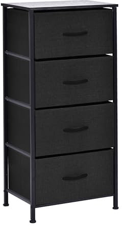 simpa Chest of Drawers - Single Fabric Storage Tower with 4 Drawers, Sturdy Black Steel Frame, black Wooden Top & Black Easy Pull Fabric Drawers