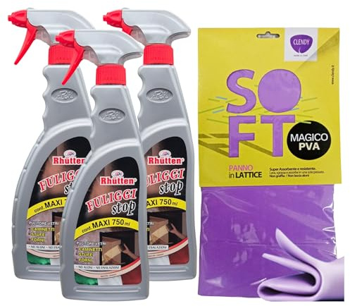 SET: 3x Detergente Schiuma Spray FULIGGI STOP, Pulitore Vetri Di Caminetti, Stufe e Forni. Scioglie Il Grasso e Le Incrostazioni 750ml + Panno In Lattice SOFT, Formato 30x30