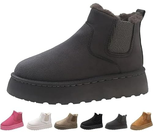 Botas de nieve cálidas con suela gruesa para mujer, botas de nieve con forro de piel para mujer, botas de nieve impermeables con plataforma, gris, 38 EU