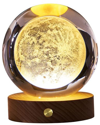 SENECESLI 3D Kristallkugel Nachtlicht, Innovative Kristallkugel Lampe, Wiederaufladbar, mit Holzsockel, Vielseitiges Weiches Licht, Kristalllicht für Zuhause, Schlafzimmer, Dekoration (Mond)