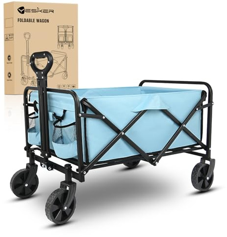 Yesker Foldable Wagon - 220lbs Collapsible Garden Carts with All Terrain Wheels for Outdoor Camping Sports Shopping Gardening - Heavy Duty Portable Utility Trolley (Blue)