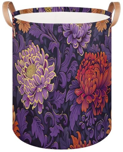 Purple Chrysanthemum Leaves Laundry Basket, Large Canvas Fabric Laundry Hamper, Collapsible Toy Storage Organizer Basket for Bedroom College Dorms