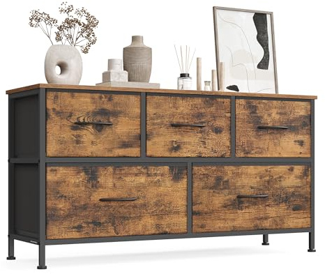 SONGMICS Chest of Drawers, 5 Storage Drawers Bedroom, Storage Unit, Steel, MDF, Non-Woven Fabric, for Bedroom, Closet, Hallway, Living Room, Rustic Brown and Ink Black LGS322BH04