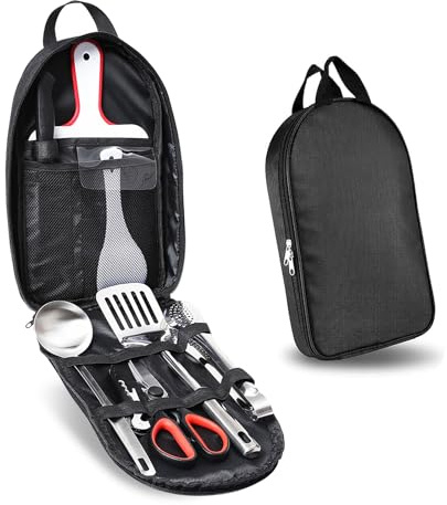 Yeqqzq 9 Pcs Camping Utensils Set, Camp Cooking Kit, Outdoor Kitchen Utensil Organizer with Scissors, Food Tongs, Rice Spoons, Cutting Boards, Soup Spoons, Multi-functional Bottle Opener