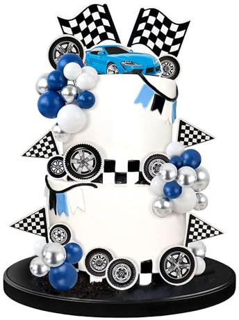 Blumomon 42Pcs Blue Racing Birthday Cake Toppers Ball Cake Topper Grid Flag Tire Birthday Cake Decoration Baby Shower Party Racing Theme Decoration Supplies