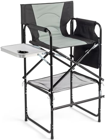 OmySalon Extra Tall 30'' Bar Height Directors Chair, Professional Portable Makeup Artist Folding Chair w/Side Table, Cup Holder, Side Storage Bag, Heavy Duty Iron Frame 300 lbs Capacity