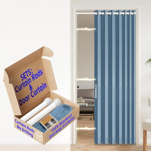 AJAZZ Blackout Accordion Door with Curtain Rods Adjustable 28-39 Long, Closet Door Curtain Total Privacy Sound Proof Curtains Suitable for Bedroom Living Curtain Set, 1 Pack, W45 x L80 in, Blue
