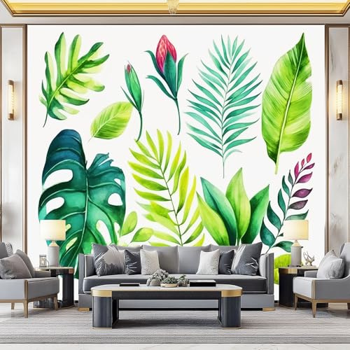 Papel pintado Decoración de hojas tropicales dibujadas a mano Fotomurales Pared Tejido No Tejido Decorativos Murales Fotográfico Verde colorido Moderno Decoración de Paredes 250 x 175 cm