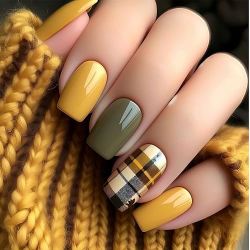 Auroriel 24 pièces ongles carrés courts pressés jaune à rayures marron brillants réutilisables faux ongles acryliques couverture complète pour manucure femme