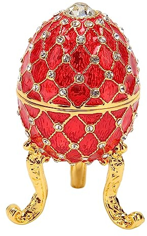 Egg Shaped Trinket Box Zinc Alloy Hinged Jewelry Ring Holder Collectible Figurine Boxes Golden Tripod Base Bedroom Bathroom Dressing Table Decor (Red)