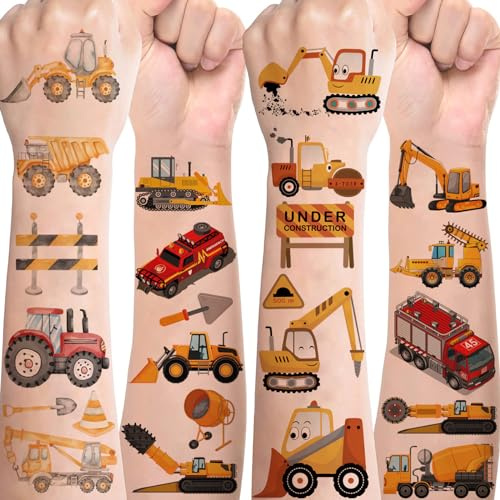 Bagger Tattoos für Kinder,Sticker Groß,8 Blätter Baustelle Kindertattoos Hautfreundlich Feuerwehr Temporäre Tattoos zum Aufkleben,Mitgebsel Kindergeburtstag Geschenke Party Deko Jungs Spielzeug