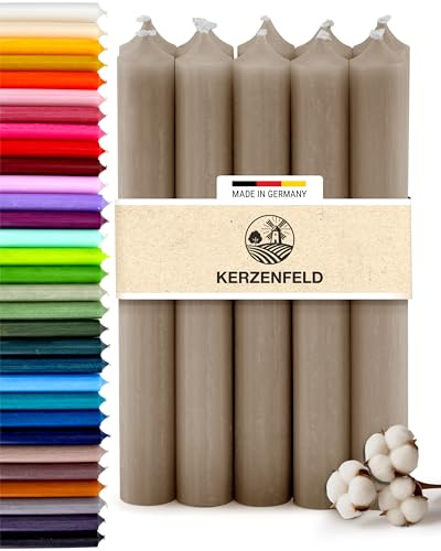 Premium Stabkerzen Taupe durchgefärbt, 10 Stück, 180mm x 22mm | Made in Germany, Lange Brenndauer 8+ Stunden - Bunte Spitzkerzen Ohne Tropfen & Rußen - RAL-Zertifizierte Haushaltskerzen