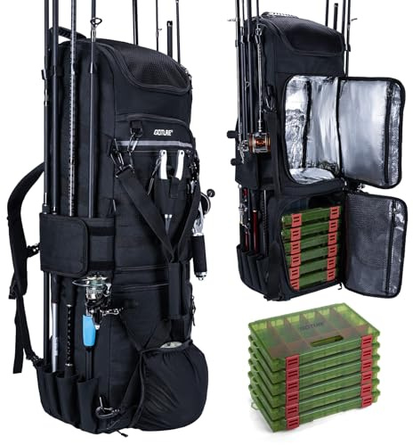 Goture Zaino da pesca con 6 esche da pesca, 116 litri, con due portanne e parapioggia, tessuto Oxford 600D, impermeabile, con scomparto regolabile, Nero con 6 esche da pesca, Zaino