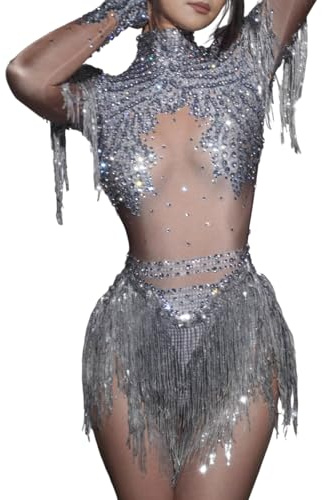 Elnwnnkc Professioneller Body mit Fransen, Polyester, lateinamerikanischer Tanzkostüm, lange Ärmel, Quasten für Showcase, Event, professioneller Bühnentanz mit Fransen, silber, M