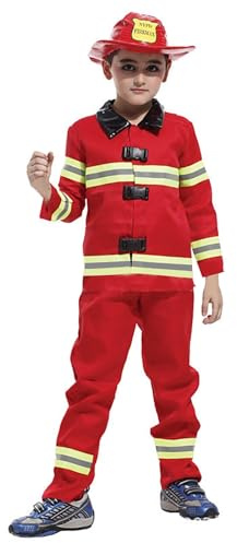 Red Feuerwehr Kostüm Set Kinder Jungen Mädchen Jacke und Hose Sets Feuerwehrkostüm Feuerwehrmann Kostüm Set mit Feuerwehrhelm Waschbares für Halloween Karneval Fasching Mottoparty 4-12 Jahre