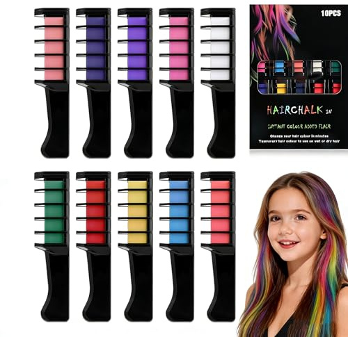 10 Colors Festive Fun Hair Chalk Combs, 2026 NewTemporary Glitter Hair Colors Hair Chalk Combs, Washable Quick Dry Vibrant Temporary Colorfor Birthday Party, Christmas Giftsfor Teenage and Girls